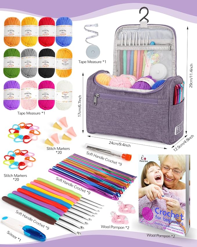 Aeelike Crochet Kit for Beginners Adults Kids, Complete Crochet Set, Purple | Crochet Kit for Beginners Young and Old, All-inclusive Kit with Crochet Hooks 655 Yards Yarn Instruction Knit Bag, Ideal Gift