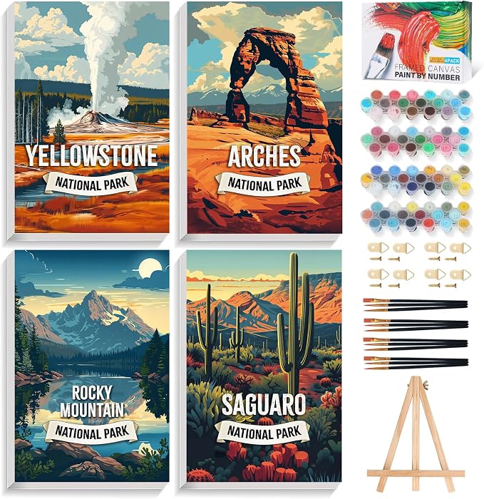 4 Pack Framed Paint by Numbers Kit for Adults with Wooden Easel 8x12 Inch | National Park, With Frame Canvas, For Adults Beginner, DIY Acrylic Painting, Stress Relief Craft Kits, Home Wall Decor Gift