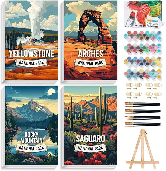 4 Pack Framed Paint by Numbers Kit for Adults with Wooden Easel 8x12 Inch | National Park, With Frame Canvas, For Adults Beginner, DIY Acrylic Painting, Stress Relief Craft Kits, Home Wall Decor Gift