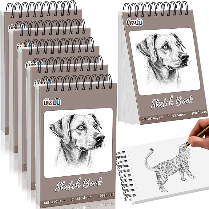 UZLU 6 Pcs Sketch Book Bulk 5.5 x 8.5 in 600 Sheets Top Spiral Bound Sketch Pad Drawing Paper 100 Sheets Each Acid Free Mixed Media Sketchbook 68lb/100gsm Art Supplies for Beginner Artist