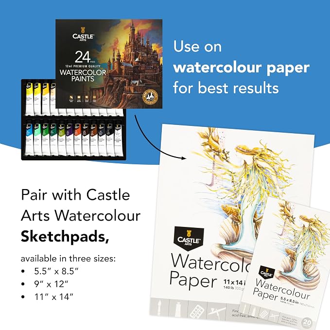 Castle Art Supplies 24 X 12ml Watercolor Paint Set for Adults - New Formula | Richer, intense colors in easy-squeeze tubes - just add water for smooth, vibrant results, presentation box included