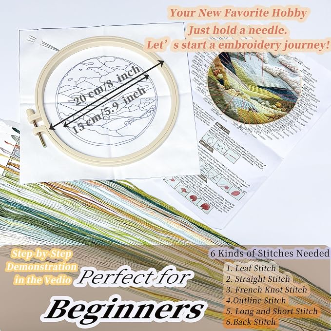 FONNUY Embroidery Kit for Beginners, Nature Hills Landscape Pre-Stamped Pattern Kits for Adults with Hoop, Easy to Follow Color Thread Needlework, 8'' Hoop (Rolling Mountains)