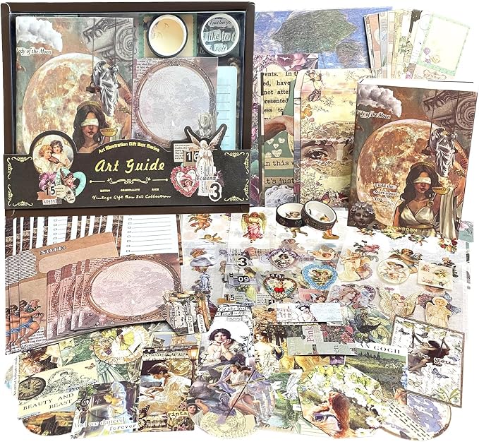 BoomTeck Vintage Aesthetic Scrapbooking Supplies, Bullet Junk Journal Kits with Scrapbook Paper, Washi Stickers, A6 Grid Notebook - DIY Craft Journaling Gift for Teen Girl Adult (Art Guide)