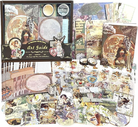 BoomTeck Vintage Aesthetic Scrapbooking Supplies, Bullet Junk Journal Kits with Scrapbook Paper, Washi Stickers, A6 Grid Notebook - DIY Craft Journaling Gift for Teen Girl Adult (Art Guide)