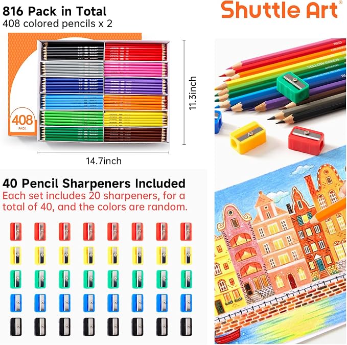 Shuttle Art 816 PCS Colored Pencils Bulk, 12 Colors, Pre-sharpened for Kids | Vibrant Colors, Break-Resistant, Bulk Pack Back to School Supplies for Teachers, Students, Classrooms