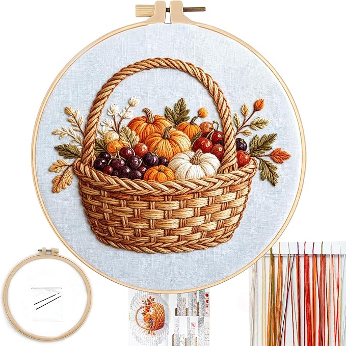 FONNUY Fall Embroidery Kit, Handmade Autumn Wreath Pre-Stamped Pattern for Beginners, Thanksgiving Harvest Home Decor, 8'' Hoop (Basket)