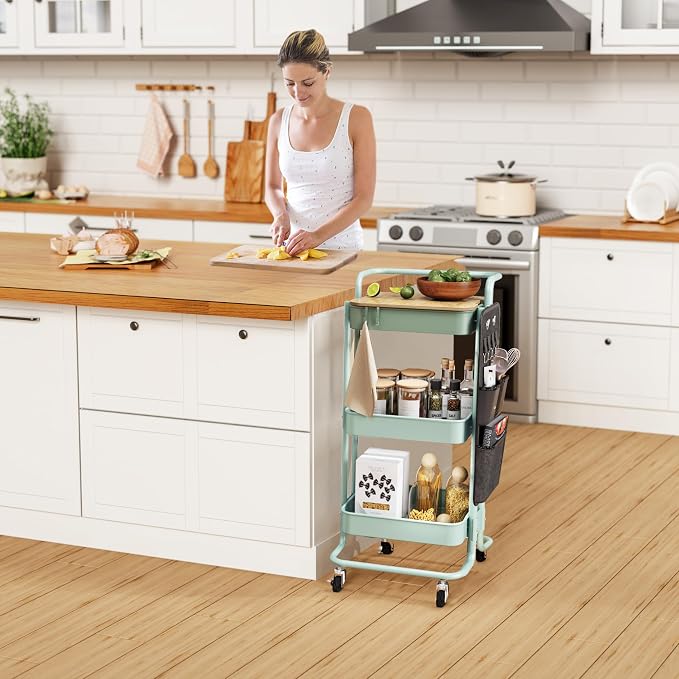 DTK 3-Tier Rolling Cart with Table Top, Metal Utility Cart with Side Bags