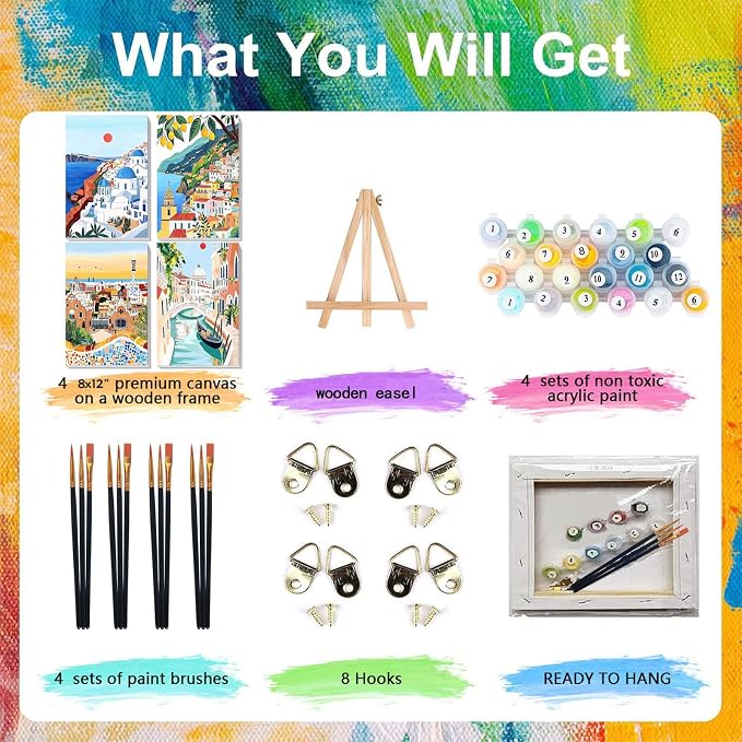 4 Pcs Cityscape Paint by Numbers for Adult with Frame Canvas - Wooden Easel | Scenery-Cityscape Paint by Number on Canvas, Landscape Acrylic Oil Painting Kits with Brushes for Home Wall Decor (8x12 inch)