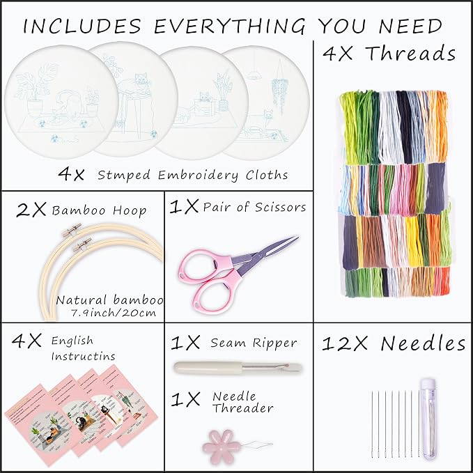 Bonroy 4 Sets Embroidery Set for Beginners, Art Craft, Easy Sewing, Includes Embroidery Clothing, Pattern, Embroidery Hoop, Instruction Manual, Colorful Thread Stitch Set (Cat)