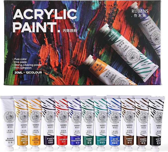 rubens Artist Grade Heavy Body Acrylic Paint, 12 Colors Vivid Acrylic Paint Set (20ml, 0.68 oz Tubes), High Pigment Art Supplies for Canvas, Wood, Rock Crafts, Painting Supplies for Professionals, Beginners