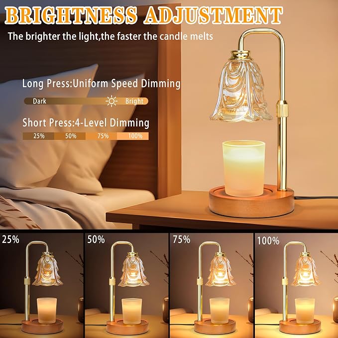 XJZJY Amber Glass Flower Candle Warmer Lamp with Timer, Vintage Home Decor | Dimmable wax melt warmer with 2 bulbs for jar candles, height adjustable, Amber tulip design, home decor, housewarming gifts