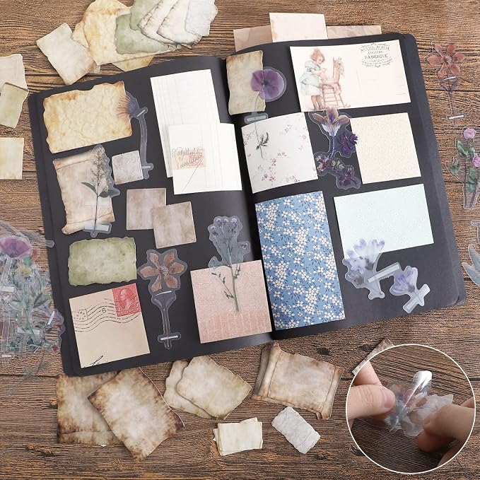 GNILLKO 445 PCS Vintage Scrapbook Supplies Kit | Scrapbook Paper Junk Journal Supplies with 40 Sheet Flowers Stickers for Planner, Bullet Journaling, Junk Journal