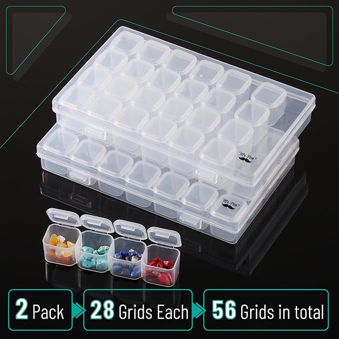 Mr. Pen- Bead Storage Containers, 28 Grids, 2 Pack, Clear White | 160pcs Label Stickers, Transparent, Small Bead Organizer Box, Diamond Art, Diamond Painting Organizer