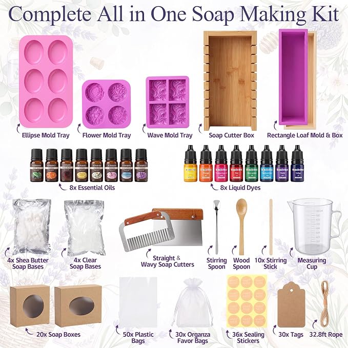 Honeydak Soap Making Kit Complete, 2kg Soap Base, 8 Liquid Dyes, 8 Fragrance Oils, Wooden Cutter Box, 3 Silicone Molds, Stainless Steel Cutters, Packaging Supplies for Beginners & DIY Gift