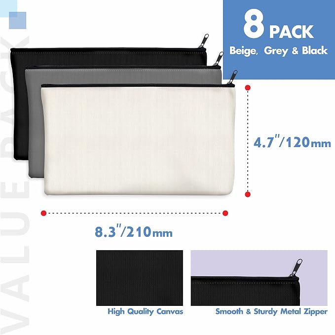 8 Pack Blank Cotton Canvas DIY Craft Zipper Bags Pouches Pencil Case for Makeup Cosmetic Toiletry Stationary Storage(Black + Grey + White)