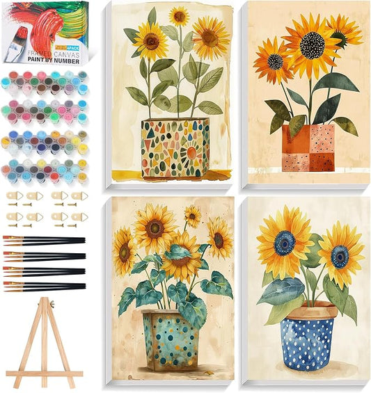 4 Pack Framed Paint by Numbers Kit for Adults with Wooden Easel, Sunflower Easy Paint by Number Kits with Frame, DIY Acrylic Adult Paint by Number Kits on Canvas Framed for Home Decor Gift 8x12 Inch
