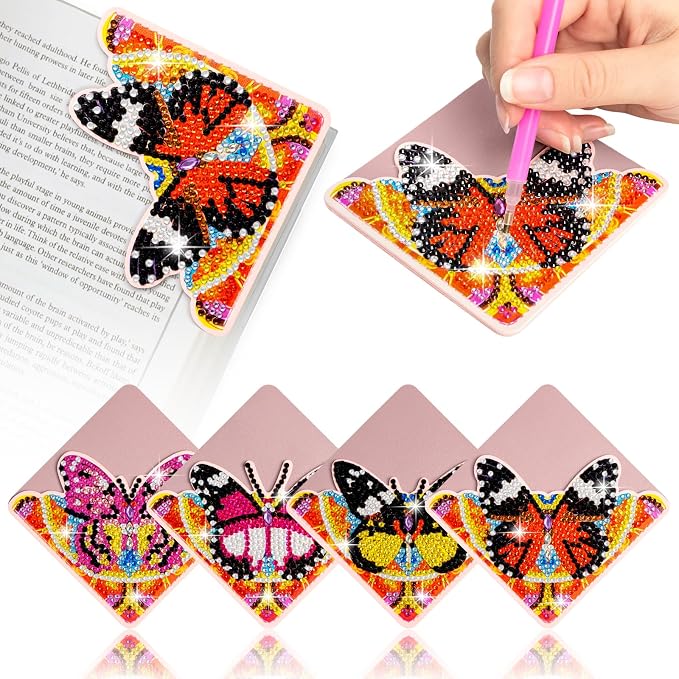 WIVICO 4Pcs Diamond Painting Bookmarks, Diamond Pearl Art Kits for Adults | DIY Diamond Dots Paint By Numbers Kit,Gifts for Book Lovers(Pink Butterfly)