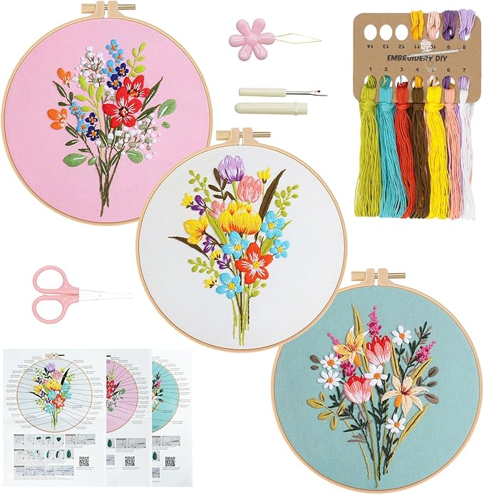 RidaaFri 3 Pack Embroidery Kit for Beginners, Flower DIY Adults Starter Kit | Easy to Learn Floral Embroidery Patterns Hand Practice Set with Video Instructions Hoop Needles Floss, Gift for Craft Lover