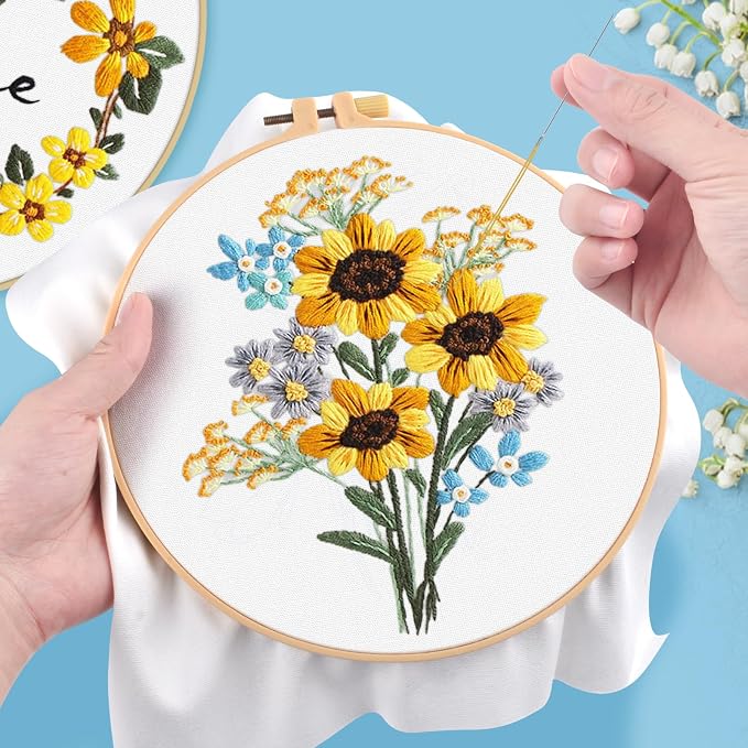 ERKOON 3 Sets Embroidery Kit, Floral Cross Stitch Set for Include Embroidery Cloth Hoops Threads for Craft Lover Hand Stitch (Sunflower)