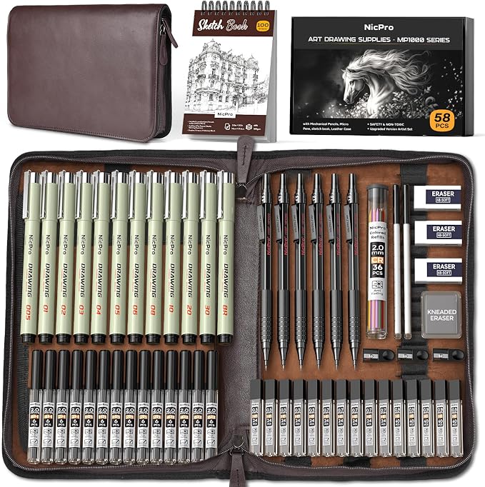 Nicpro 58PCS Art Drawing Supplies Kit in Leather Case,Pro Art Kit for Adult | Sketch Kit with 12 Micron Pen, 6 Metal Art Mechanical Pencil Set 0.5-2mm, 100 Sheets Sketch Book, Best Gift for Artist Teen