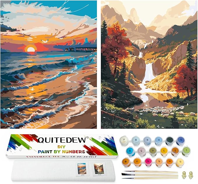 QUITEDEW 2 Pack Paint by Number Kit for Adults Mountain11.8x15.7 Inch | Paint by Numbers Kits for Adults Beach,2 Pack Mountain Oil Painting in Colorful Box Art Crafts for Home Decor 11.8x15.7 Inch
