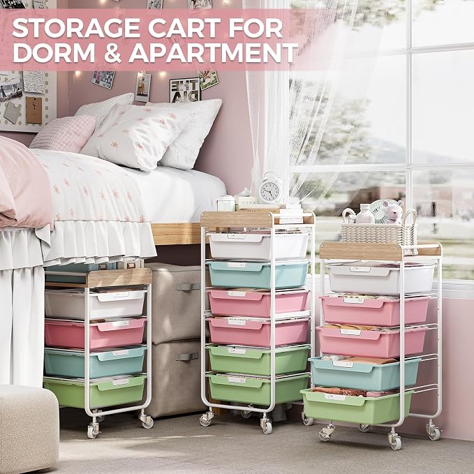 SYKIARIOL 6 Drawer Rolling Cart for Craft Storage,Utility Cart,Colourful | Organizer with Handle and Wooden Top,Storage on wheels for Office,Classroom,Laundry,Garage,Snack,Art Supply