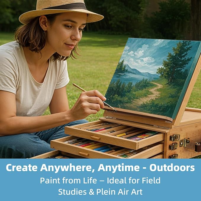Portable Beechwood Table Easel with 3 Storage Drawers | Desktop Sketch Box Art Easel, Adjustable Tabletop Painting Stand for Teens and Adults