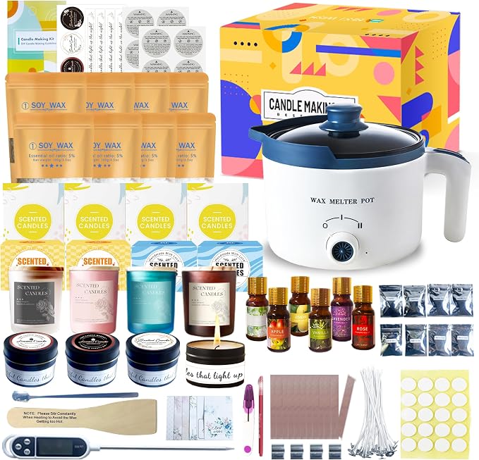 Scented Candle Making Starter Kit with Glass Jars for Adults | DIY complete candle maker set includes electric wax melter, jars, fragrances and dyes to make your own wax melts kit