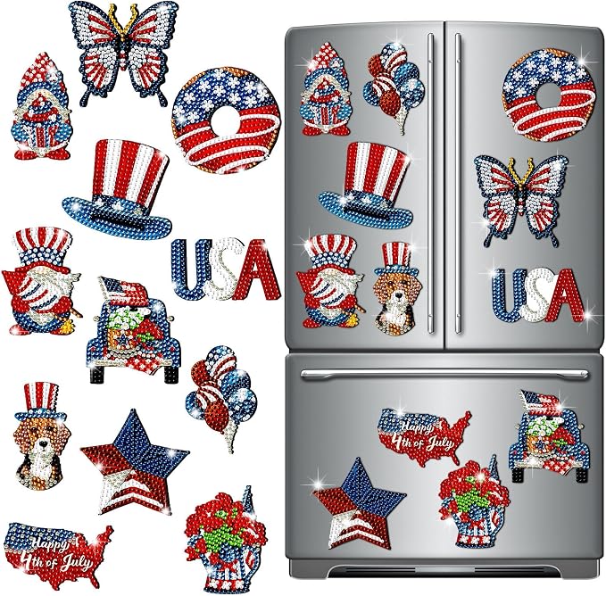 Zonon 12 Pcs 4th of July Diamond Art Magnets Patriotic Flag Gem Stickers | Red White Blue Designs, Diamond Magnets for Fridge Decor, American Themed Magnetic Kits, Adults DIY Home Celebrations