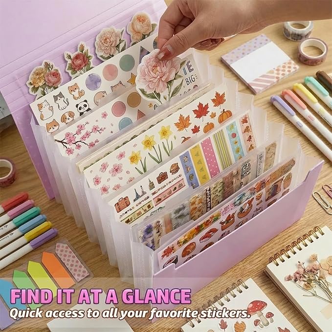 Sticker Storage Organizer with 7 Expandable Pockets, Multi-Layer Desktop Sticker Binder for Scrapbook Essentials and Journal Organizer, Large Capacity for Thick Sticker Album, Washi Tape(Light Purple)