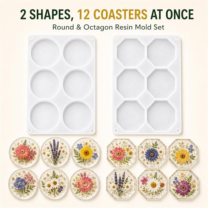 2 Pack Coaster Molds for Epoxy Resin, Round and Octagon Silicone Molds | 12 Cavities Deep Resin Coaster Molds for Flower Bouquet Preservation, DIY Art Crafts & Home Decor