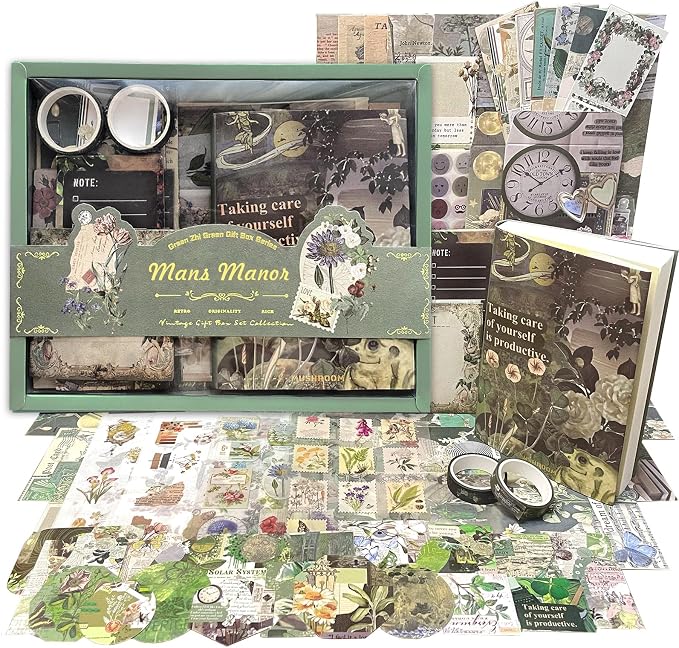 BoomTeck Vintage Scrapbooking Kit, Aesthetic Junk Journal Supplies with Scrapbook Paper, Washi Stickers, A6 Grid Notebook - DIY Craft Journaling Gift for Teen Girl Adult (Green)