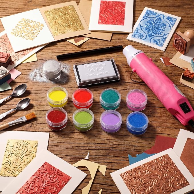 Lanties Embossing Kit with Heat Tool Bundle | 8 x 10ml Embossing Powders, Clear Embossings Pen and Ink, Complete Embossings Kit for Starter Crafts, Rainbow Color