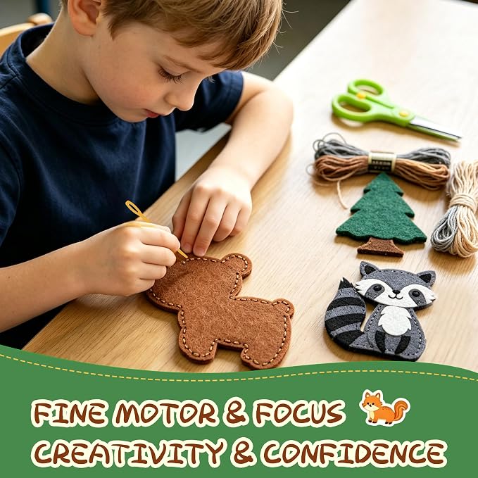 GOASION Sewing Kit for Kids, 12 Pcs Woodland Animals Craft Set, Ages 5+