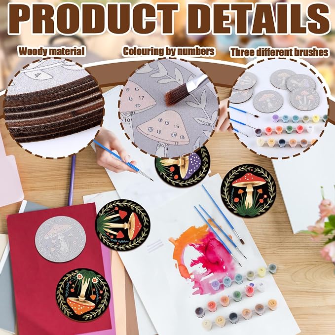 Reallnaive 8 Pcs Mushroom Paint by Numbers Kit for Adults Wooden Coasters | Mini Paint by Numbers, Tiny Black Round Oil Painting Drink Coaster with Holder, for Small DIY Craft Birthday Gift