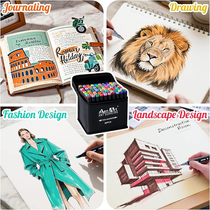 Alcohol Markers Set, 80 Color Dual Tip Art Drawing Markers, Artist Pens with Organizing Case for Adult Drawing Coloring Sketching