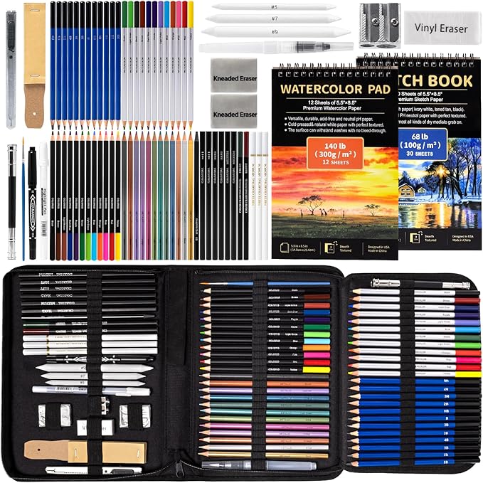 Drawdart Art Supplies Drawing Pencils Set - 76 Pack Pro Sketching Kit with Sketchbook & Watercolor Pad, Includes Graphite, Charcoal, Watercolor & Metallic Pencils for Kids, Teens, Adults