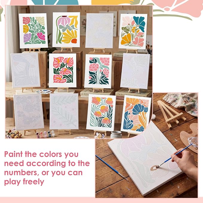 RoundFunny 12Set Paint by Numbers Kit for Adult Garden Bloom Painting 8x10 | with Wooden Frame Easel Acrylic Paints Brushes Watercolor Oil, DIY Stress Relief Paint by Number for Beginner Home Wall Decor
