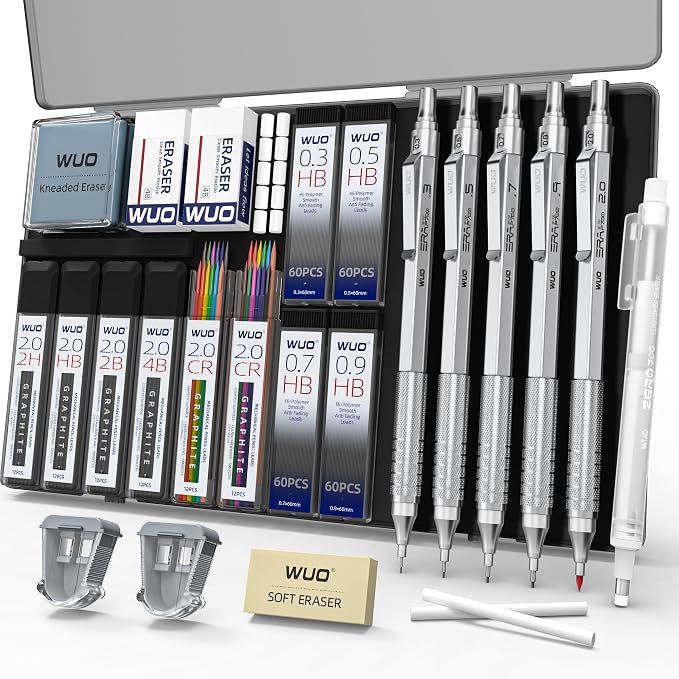 WUO Mechanical Pencil Set, 5 Pack Drafting Pencils 0.3/0.5/0.7/0.9/2.0mm