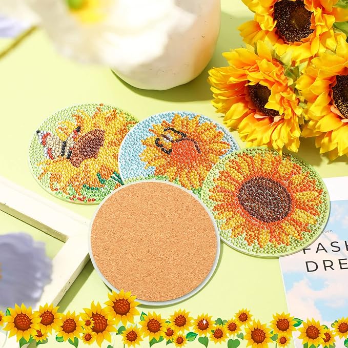 UPINS 8Pcs Sunflower Diamond Art Painting Coasters for Drinks | DIY Coaster Diamond Art Kits, for Adults Diamond Art Craft Supplies