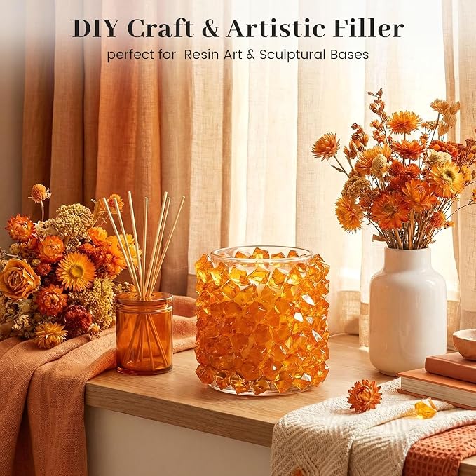 DOMESTAR Orange Fake Ice Rocks, 150 PCS Acrylic Crystal for Vase Fillers