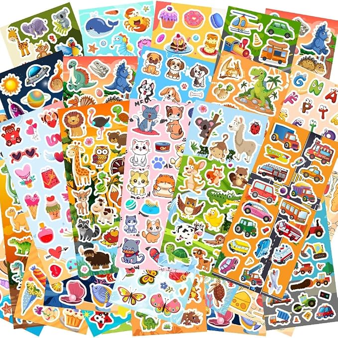 48 Sheets Stickers for Kids, Cute Stickers Variety Pack for Scrapbooking | Teachers Classroom Prizes, Goodie Bag Stuffers Including Animals, Cars, Dinosaurs, Fishes, Hearts, Stars and More