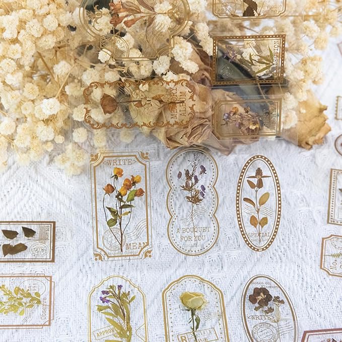 Bomichi 120 Pcs Flowers Stamp Stickers, Vintage Aesthetic Scrapbook Supplies for Junk Journal Bullet Therapy Planner Laptops Card Making Supplies