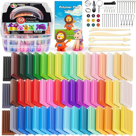 CiaraQ 50-Color Polymer Clay Oven Bake Modeling Kit | 5 sculpting tools, 2-layer storage box, acc. pack, guide. Great for school, home, gifts, kids & artists.