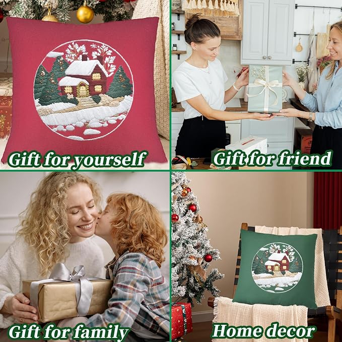 FONNUY Christmas Embroidery Kit for Beginners, Throw Pillow Case Cross Stitch Set Winter Snow House Holly Tree Pattern for Adults, Hand Works Crafts Throw Pillow Cover, 18 x 18'' (Green)
