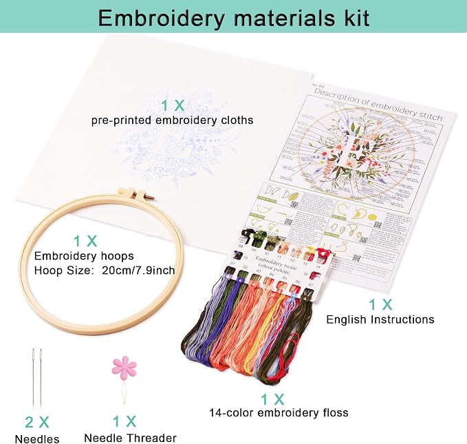 Harimau Letter E Pattern Embroidery Kit for Adult Beginners, Complete Starter Pack with 1 Hoop, Needles, Instruction Guide & Embroidery Stitch Video Tutorials