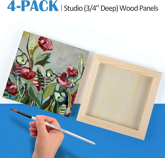 Falling in Art 4 Pack 6x6’’ Unfinished Birch Wood Panels Kit for Painting | Studio 3/4’’ Deep Wooden Canvas, Cradle Boards for Acrylic Pouring, Art, Crafts, Epoxy Resin, Laser Engraving Cutting