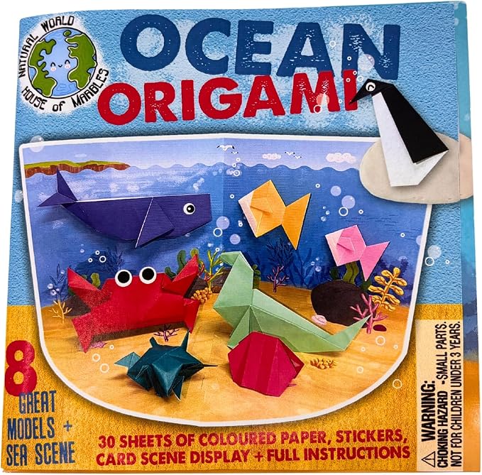 House of Marbles Ocean Origami Kit for Kids - Beginner Paper Folding Craft Set with 30 Sheets, 8 Sea Creatures, Stickers & Display Scene