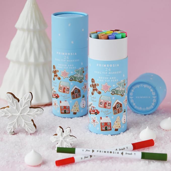 Primrosia 24 Dual Tip Marker Pens – Christmas Sugar Cookie Limited Edition Gift Pack. Pastel & Holiday Colours for Coloring, Journaling, Card Making, Tags & Creative Projects. Brush & Fine Tips