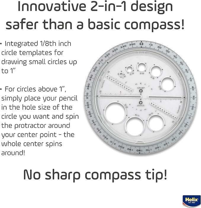 Helix Angle and Circle Maker with Integrated Circle Templates, 360 Degree, 6 Inch / 15cm, Assorted Colors (36002) | Integrated Templates - Geometry and Math Tool - Ideal School Supplies for Students - Precise Drafting and Drawing